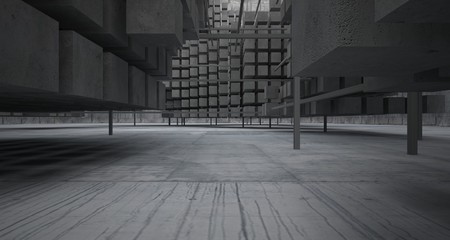 Abstract architectural concrete  interior  from an array of white cubes with large windows. 3D illustration and rendering.