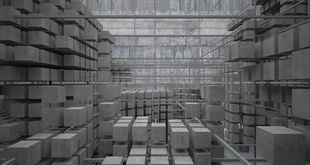 Abstract architectural concrete  interior  from an array of white cubes with large windows. 3D illustration and rendering.