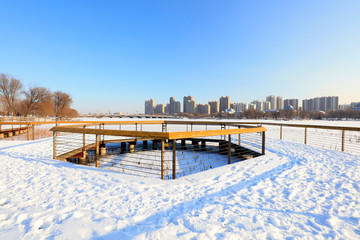 wooden bridge in the snow