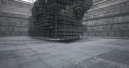 Abstract architectural concrete  interior  from an array of white cubes with large windows. 3D illustration and rendering.