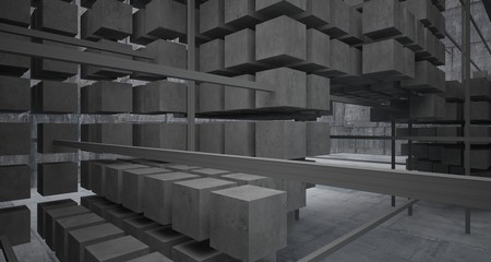 Abstract architectural concrete  interior  from an array of white cubes with large windows. 3D illustration and rendering.