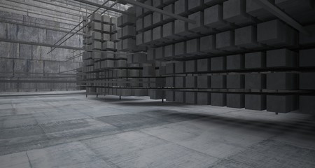 Abstract architectural concrete  interior  from an array of white cubes with large windows. 3D illustration and rendering.