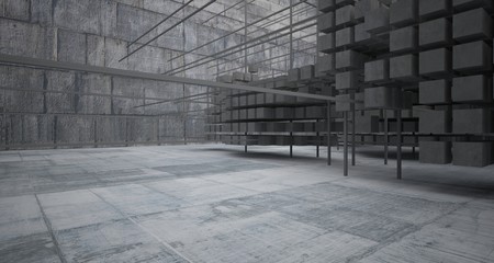 Abstract architectural concrete  interior  from an array of white cubes with large windows. 3D illustration and rendering.