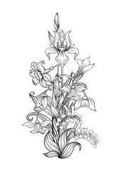 A bouquet of spring flowers. Element for design. Outline hand drawing vector illustration. In art nouveau style, vintage, old, retro style. Isolated on white background..