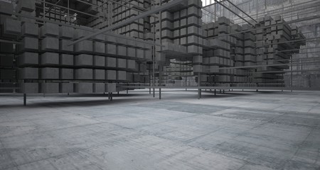 Abstract architectural concrete  interior  from an array of white cubes with large windows. 3D illustration and rendering.