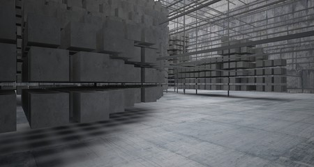 Abstract architectural concrete  interior  from an array of white cubes with large windows. 3D illustration and rendering.