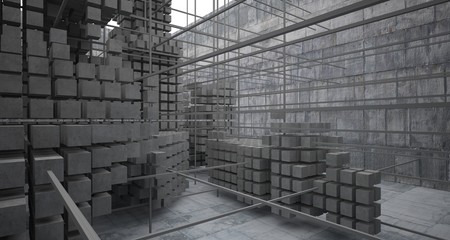 Abstract architectural concrete  interior  from an array of white cubes with large windows. 3D illustration and rendering.