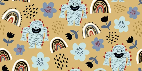 Wall murals Monsters Kids seamless pattern with colorful cute monsters 