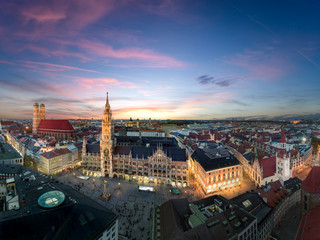 Beautiful panorama of Munich city centre at sunset - Marienplatz, Church of our Lady, Old and New Town Hall