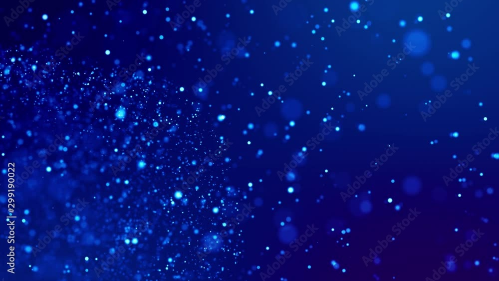 Poster glitter blue magic particles fly and glow in viscous liquid with amazing bokeh for fantastic backgro