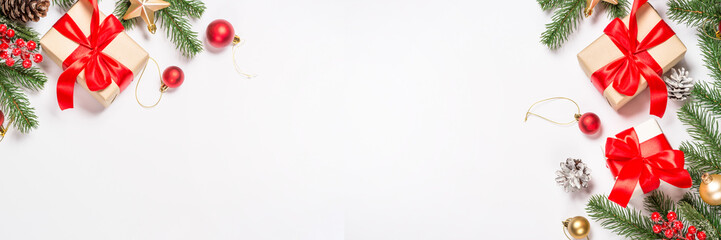 Christmas flat lay background with decorations on white.