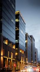 Beautiful view to the White Square Office Center in Moscow in the evening and the road in front...
