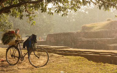 Fototapeta na wymiar A bicycle with a sack of plants and leaves and some clothes idles by the mounds of the ancient archaeological site of Gour around the city of Malda in West Bengal, India..
