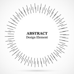 Bursting lines.Set of circular rays.Assymetric radial elements.Linear drawing.Vector illustration pattern.Monochrome explosion background.