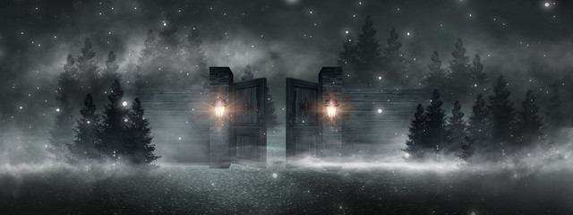 Dark street, reflection on the asphalt, ice. Brick wall, smoke, smog, trees. Night scene in the open. Open doors, lights.