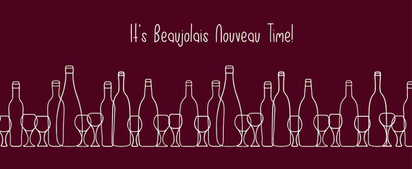 Hand drawn vector pattern with doodle wine bottles. Sketch drawing of wine glasses and bottles silhouettes. Text Beaujolais nouveau. Wine, food ads for wine festival. - 299192849