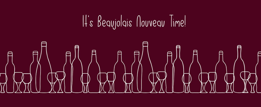Hand drawn vector pattern with doodle wine bottles. Sketch drawing of wine glasses and bottles silhouettes. Text Beaujolais nouveau. Wine, food ads for wine festival.