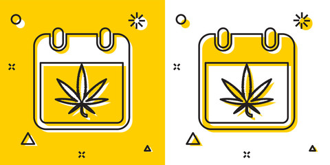 Black Calendar and marijuana or cannabis leaf icon isolated on yellow and white background. National weed day. Hemp symbol. Random dynamic shapes. Vector Illustration