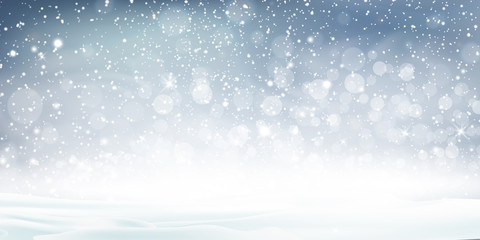 Christmas, Snowy landscape with shiny sun. Holiday winter landscape for Merry Christmas with Snowstorm, blizzard, firs, coniferous forest, snow, snowflakes. Christmas scene. Happy new year.