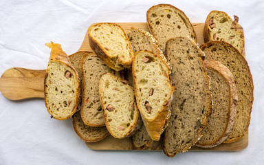 German bread sliced with various additives. Top view