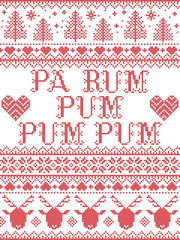 Pa Rum Pum Pum Pum carol lyrics Christmas pattern with Scandinavian Nordic festive winter pattern in cross stitch with heart, snowflake, Christmas tree, reindeer, star, snowflakes in white, red,