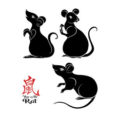 Set of three mouse, rat and elements for Chinese New Year 2020. Element for design. Chinese hieroglyphs means Year of the rat. Vector illustration