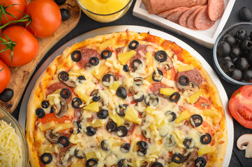 Italian pizza, with ingredients. Cookbook, homemade recipes, restaurant business .horizontal frame