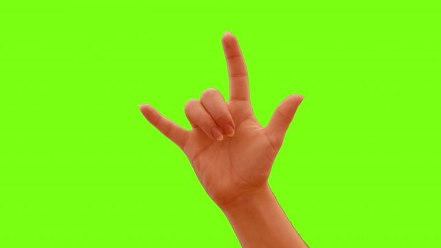 Female Hand Raises Slowly and Gestures the I Love You Sign from Bottom to Center of the Screen with a Green Screen Background.