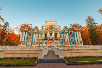 Catherine park, Pushkin, Saint-Petersburg, Russia - October 2019: Autumn morning in park in Russia