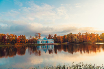 Catherine park, Pushkin, Saint-Petersburg, Russia - October 2019: Autumn morning in park in Russia