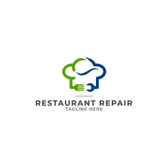 Restaurant Repair with a chef hat, fork and wrench Logo Vector Icon Illustration
