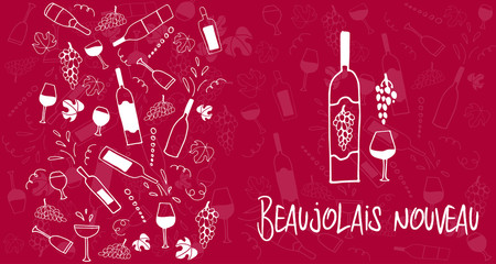 Hand drawn Sketch doodle vector pattern with cheese, wine glasses, bottles, grapes and bread. Business card template for Wine party Beaujolais Nouveau event in France and the whole world.