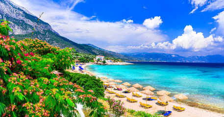 Beautiful idyllic landscape of Samos island, beach Limnionas bay. Greece