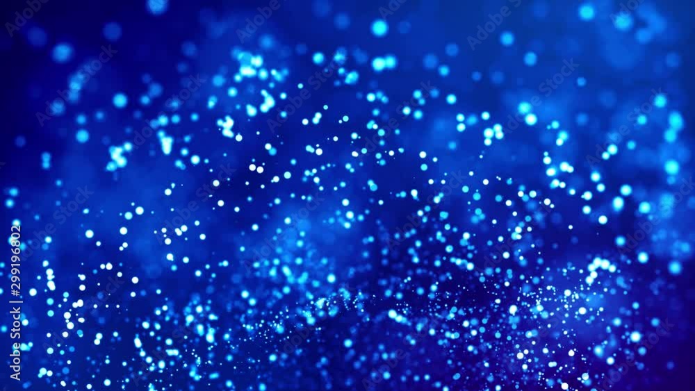 Poster glitter blue magic particles fly and glow in viscous liquid with amazing bokeh for fantastic backgro