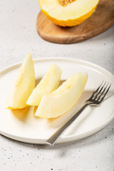 Yellow melon with white pulp, grown without chemical treatments.