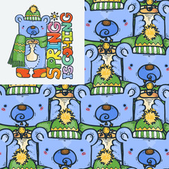 Spring is coming. Seamless pattern with cute bear. Warming in the winter cold weather. Scarf, hat and woolen socks.