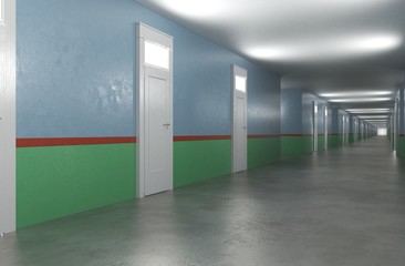 long corridor with doors, interior visualization, 3D illustration