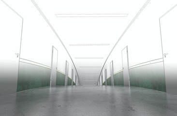 long corridor with doors, interior visualization, 3D illustration