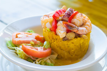 Mofongo with Shrimp & Octopus, Puerto Rico traditional seafood plate