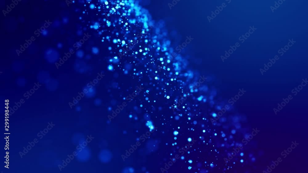 Poster glitter blue magic particles fly and glow in viscous liquid with amazing bokeh for fantastic backgro