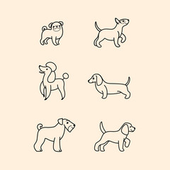Dogs icon set. Dogs in various poses and action. Vector illustration for prints, clothing, packaging, stickers.