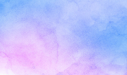 Light smudge watercolor paper textured ink effect grungy wet pastel illustration for design. Modern creative smeared blue, purple and pink shades aquarelle background for vintage card, retro template