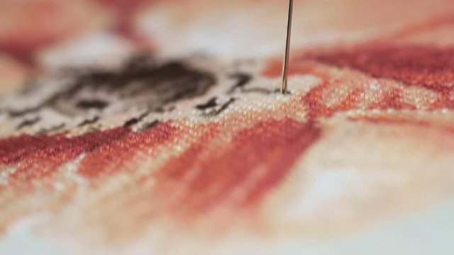 Woman hands doing cross-stitch of red flower. A close up of embroidery.