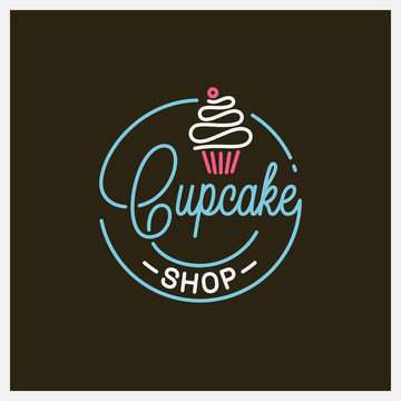 Cupcake shop logo. Round linear logo of cake store