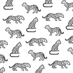 Cartoon leopard - simple trendy line pattern with leopard. Black-white illustration for prints, clothing, packaging and postcards.