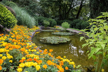 Wall of orange and yellow flowers near a pond - Powered by Adobe