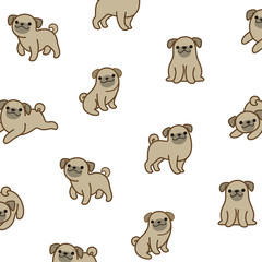 Cartoon happy pug - simple trendy pattern with different dogs. Flat vector illustration for prints, clothing, packaging and postcards. 