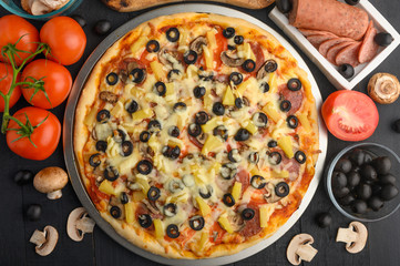 Italian pizza, with ingredients. Cookbook, homemade recipes, restaurant business .horizontal frame