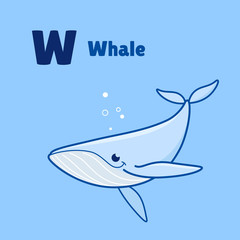 Cartoon whale, cute character for children. Good illustration in cartoon style for abc book, poster, postcard. Animal alphabet - letter W.