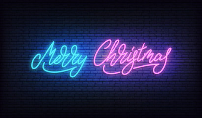 Merry Christmas neon. Glowing lettering sign for Xmas